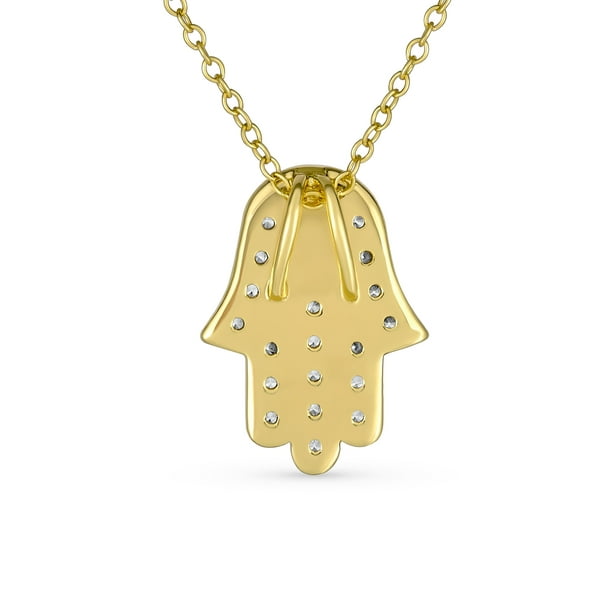 Bling Jewelry Turkish Amulet Talisman Delicate Dainty Evil Eye Hamsa Hand Of Fatima Of God Pendant Necklace For Women Teens Cubic Zirconia Cz 14k Yell