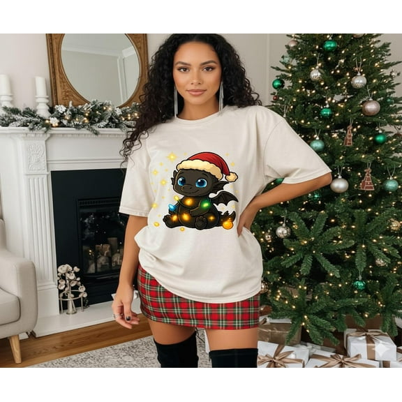 ChaChaCoo Christmas Toothless Shirt, Funny Holiday Dragon Reindeer Tee with Lights and Antlers