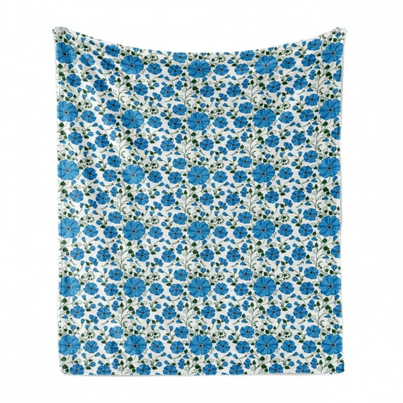 Floral Soft Flannel Fleece Throw Blanket, Blooming Poppies Leaves Spring Tones Hand Drawn Sketch Repetitive, Cozy Plush for Indoor and Outdoor Use, 70" x 90", Emerald and Deep Sky Blue, by Ambesonne