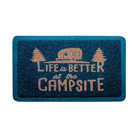 Camco Life is Better at The Campsite Outdoor/Indoor Welcome Mat - Weather and Mildew Resistant, Traps Dirt and Liquid, Sponge Comfortable Feel (Navy Blue)