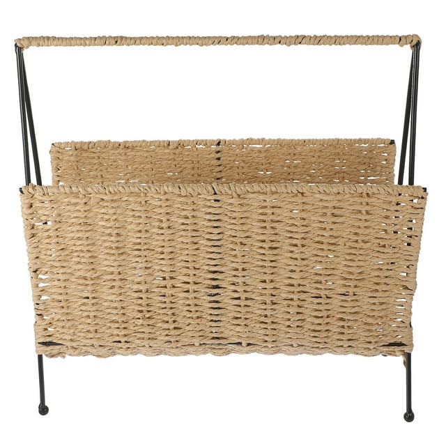 1Pcs Small Woven Basket with Handle Iron Paper Rope for Home Office Books Snacks Magazines Toys