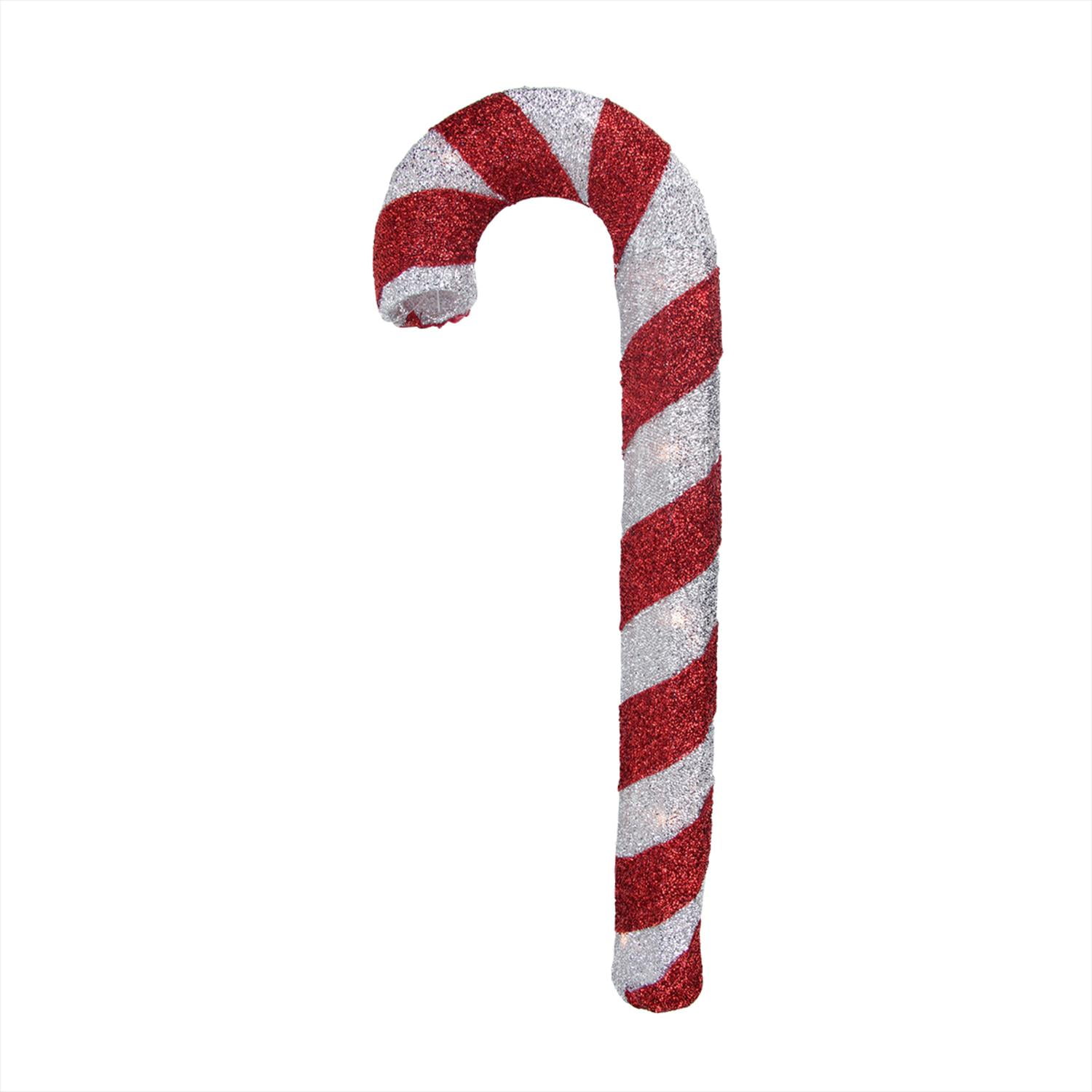 31" Lighted Red and Silver Striped Candy Cane Tinsel Christmas Outdoor