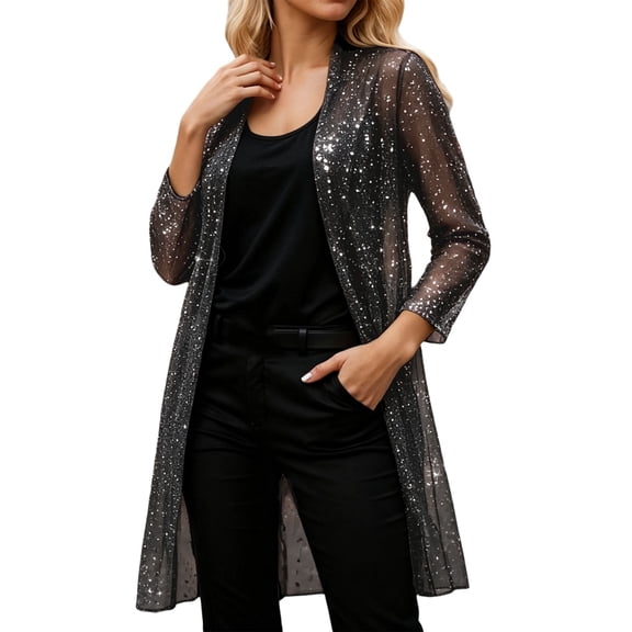 Rggeeun Lightweight Cardigans for Women Long Cardigans Open Front Long-Sleeve Outerwear Soft Casual Sequins Clothes Everyday Wear Cozy,Black,M