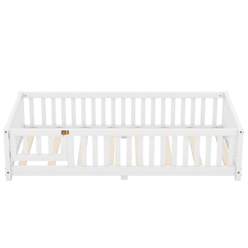 Twin Floor Bed, Wood Twin Size Montessori Bed with Rails, Twin Bed Frame with Slats, No Box Spring Needed,White