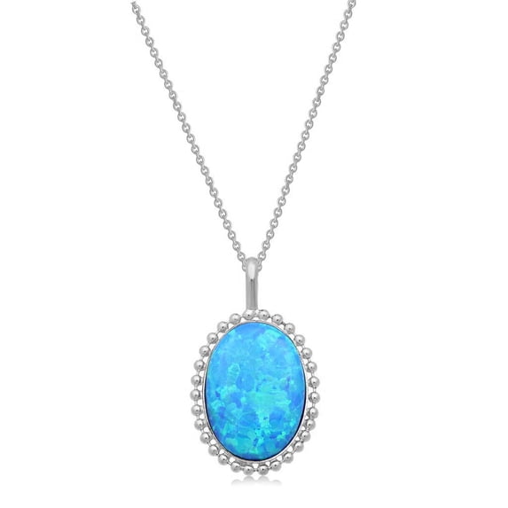 Jewelili Sterling Silver with Oval Shape Blue Shade Created Opal Pendant Necklace, 18” Rolo Chain