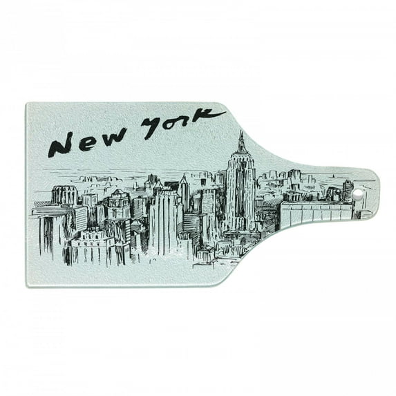 New York Cutting Board, Vintage Hand Drawn Urban Scenery Skyscrapers Sketch Style Downtown, Decorative Tempered Glass Cutting and Serving Board, Wine Bottle Shape, Charcoal Grey White, by Ambesonne