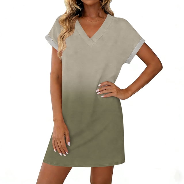 Camisas de Noche de Verano para las Mujeres Mujeres Impresas Manga Corta Cuello en V Suelto Cómodo Camisa de Noche Corta con Poliéster Suave, Ropa de Dormir Transpirable para Diario