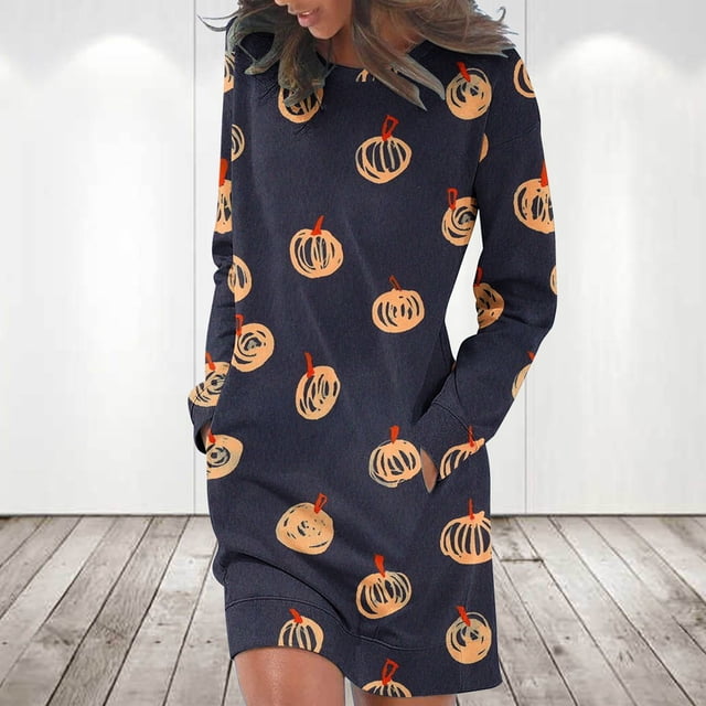 ICHUANYI Clearance Women's Fashion Long Sleeve Print Round-Neck Ladies Holiday Outing Long Dress(Dark Blue, XL) ICHUANYI WER2023081512951
