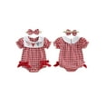 thumbnail image 2 of Rovasas Baby Girl Lobster Embroidery Romper Plaid Jumpsuit with Headband, 2 of 9