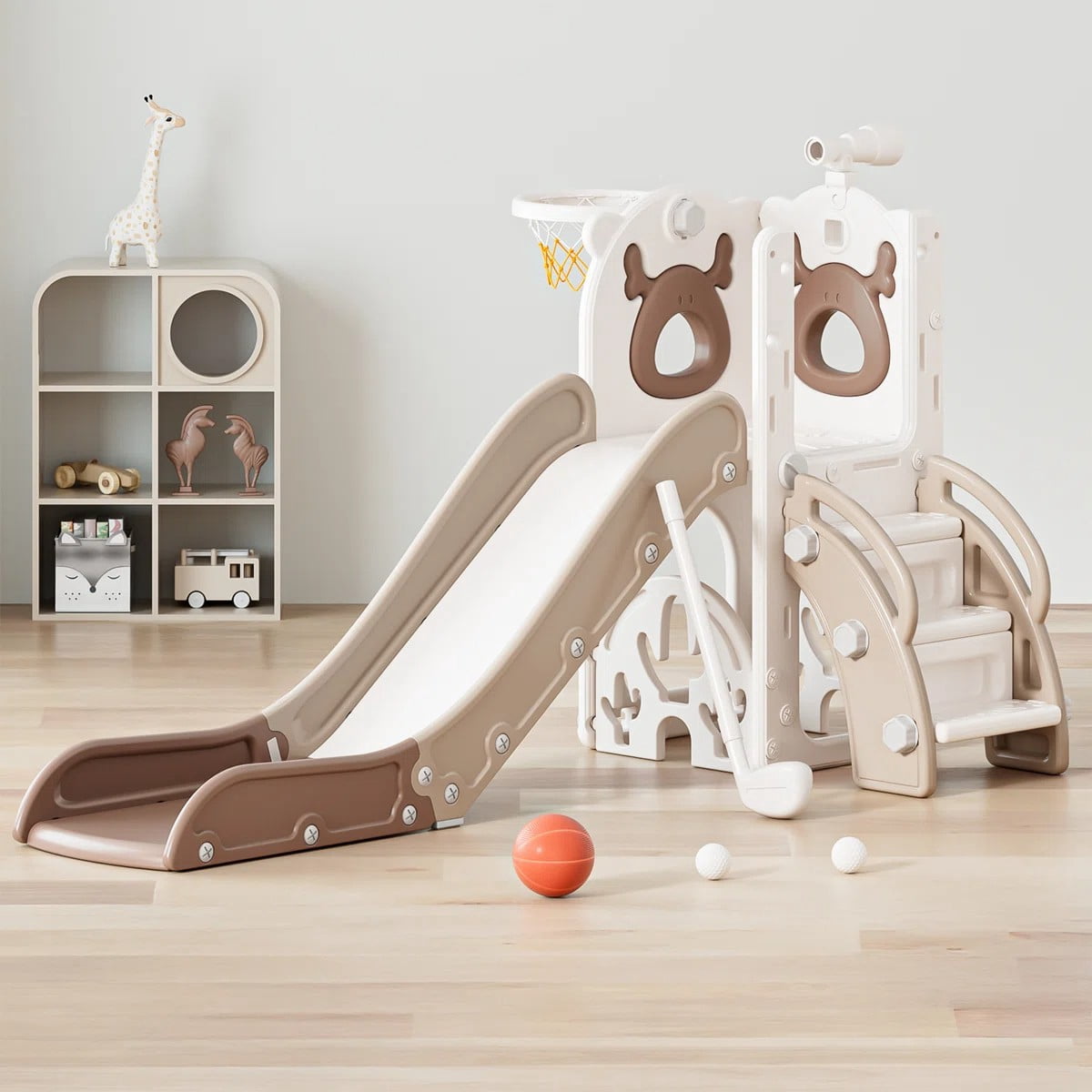 7 In1 Elk Toddler Slide, Kids Indoor Slide For Toddlers ,baby Slide For Indoor Outdoor With Basketball Hoop And Telescope, L Shaped Slide For Kids Toddler Slide Playset