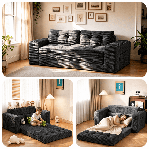 Boneless Couches for Living Room, Gizoon 59" Fold Out Floor Boneless Sofa with 2 Pillows, Dark Gray
