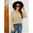 thumbnail image 6 of Womens Sweaters 2025 V Neck Long Sleeve Striped Tops Fall Winter Comfy Knit Clothes Pullover Sweater Brown & White XL, 6 of 8
