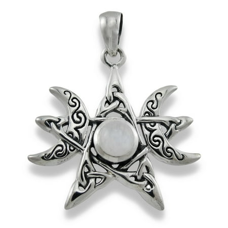 Sterling Silver Celtic Triple Moon Pentagram Pendant w/ Stone Accent