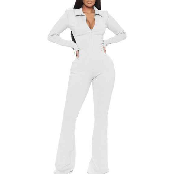 Women'S Autumn Ladies Office Rompers Flare Pants Zipper Long Sleeve Turndown Collar Plus Size Jumpsuit