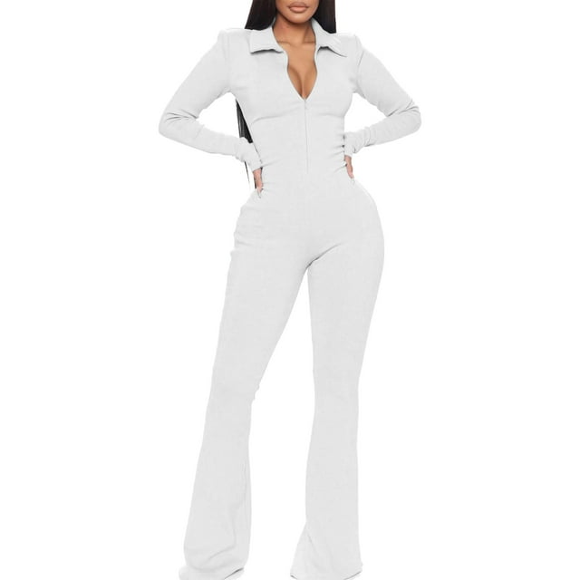 Combinaisons de Bureau pour Femmes d'Automne, Pantalons Évasés, Fermeture Éclair, Manches Longues, Col Rabattu, Grande Taille, Combinaisons pour Femmes
