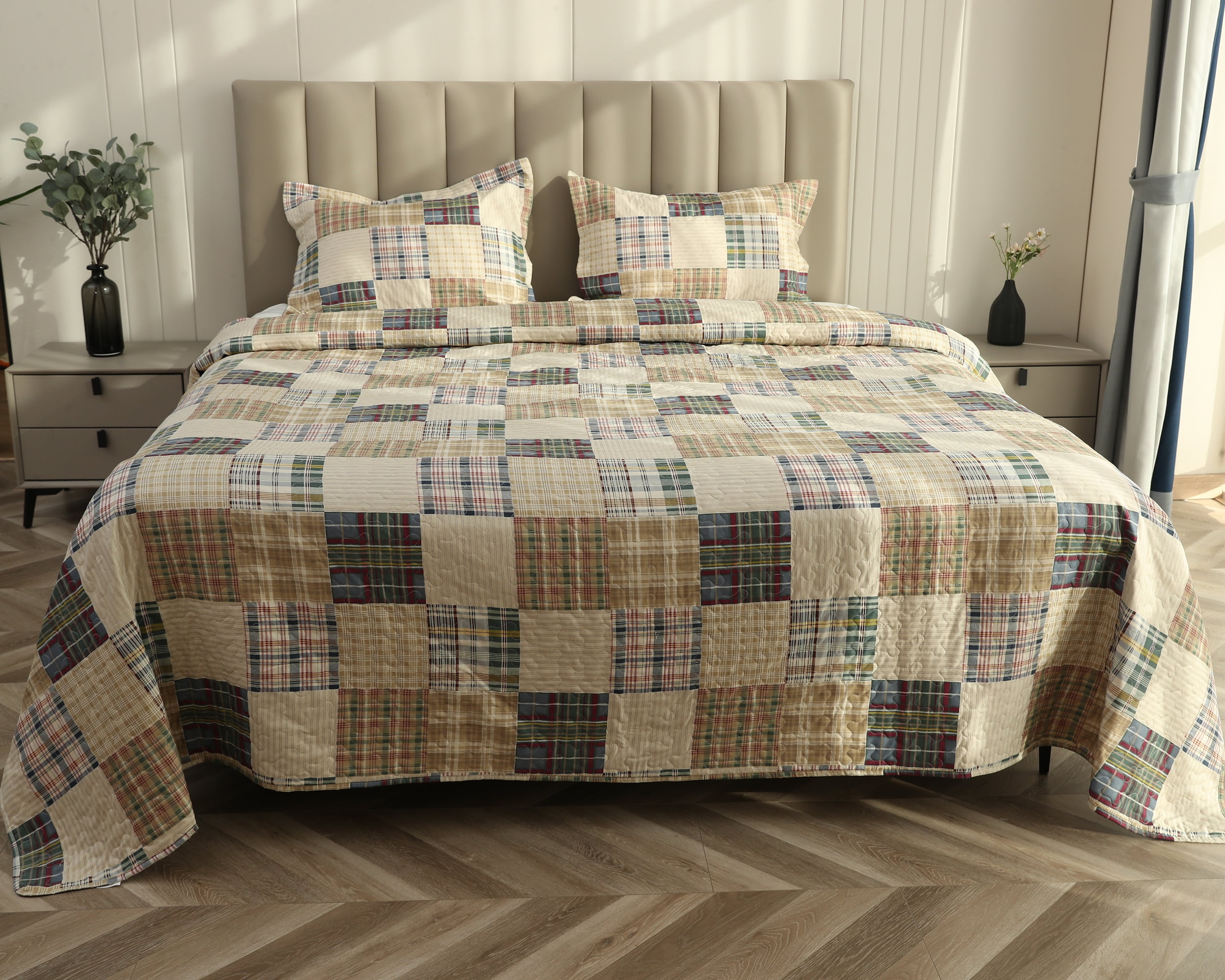 Jessy Home Beige Plaid Quilt Full/Queen Patchwork Bedding Microfiber Bedspread Coverlet