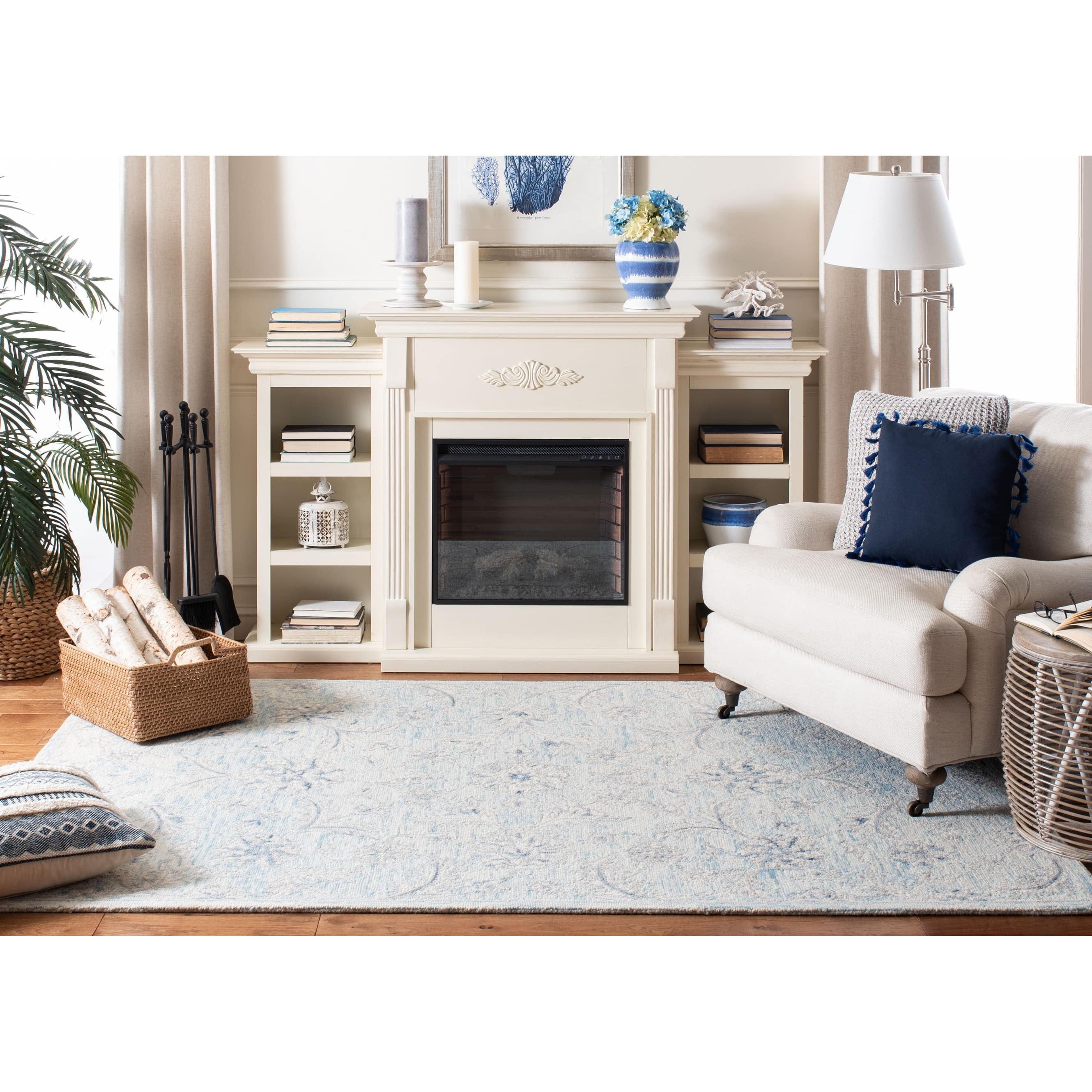 SAFAVIEH Micro-Loop Carl Floral Overdyed Wool Area Rug, Light Blue/Ivory, 5' x 8'
