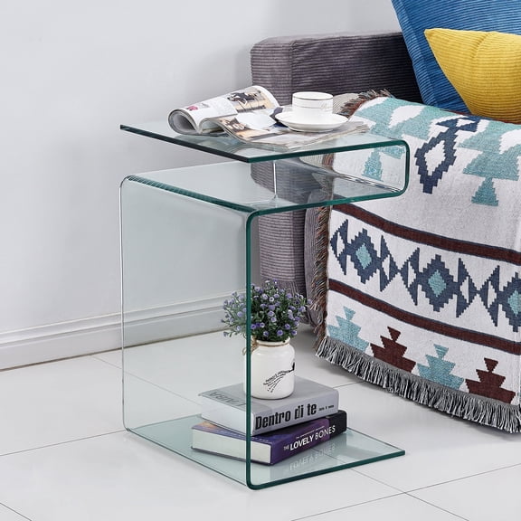SMARTIK Clear Glass Nightstand, Modern Indoor S-Shape End Table, 16.55" x 14.56" x 24"
