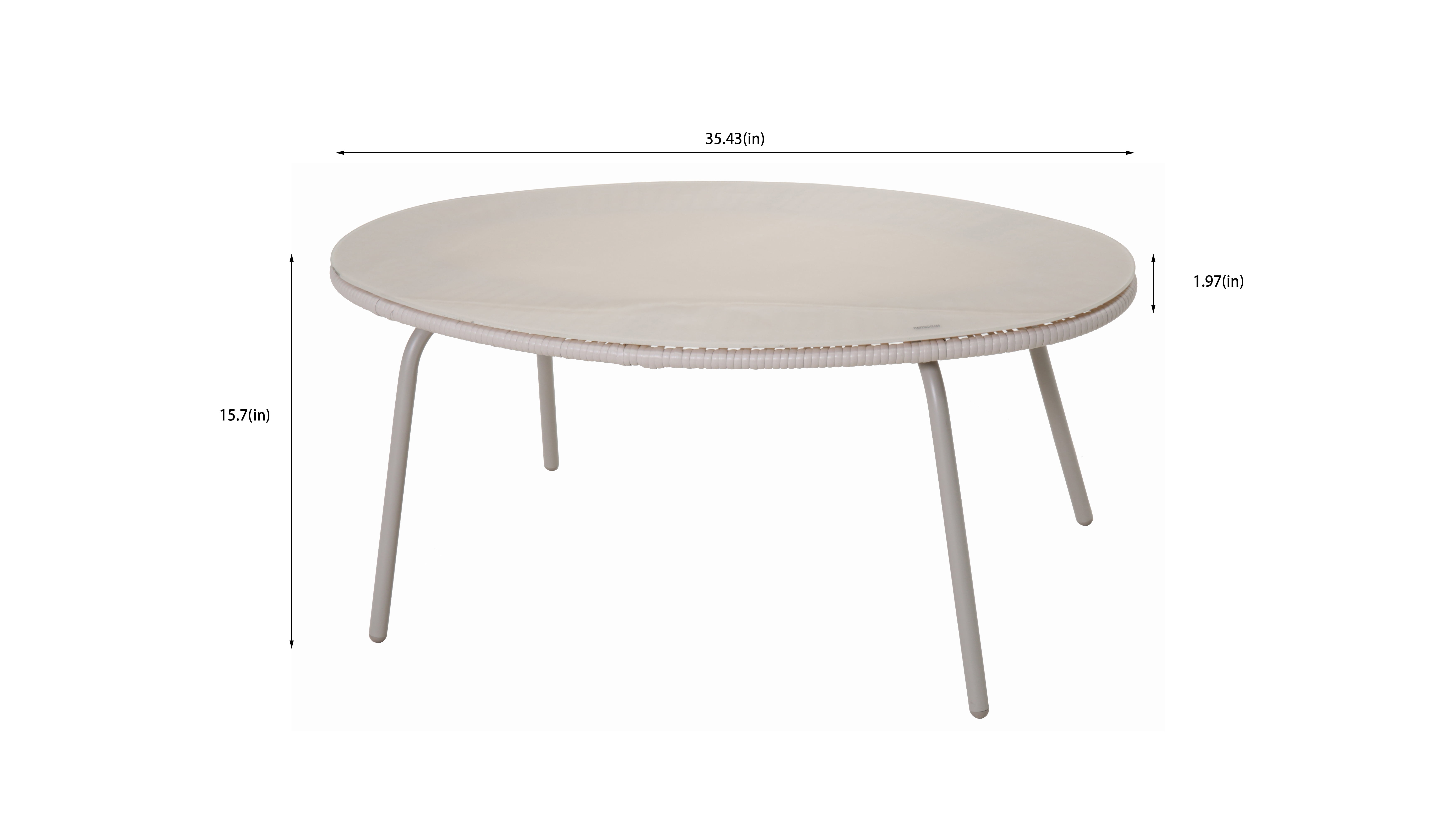 Outdoor Dining Table, Round Rattan Glass Top Table for Garden Patio Backyard, Off White