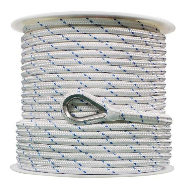 0.37 x 600 ft. Boattector Double Braid Nylon Anchor Line W Thimble with Blue Tracer, White