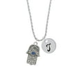 thumbnail image 2 of Delight Jewelry Silvertone Hamsa Hand with Blue Crystal Silvertone Script Initial Disc - T - Charm Necklace, 20"+3", 2 of 4