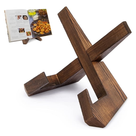Cookbook Stand for Kitchen, Recipe Book Holder for Kitchen Counter, Wooden Cookbook Holder, Rustic Cook Book Holder Stand - Rustic Brown - 1 Set