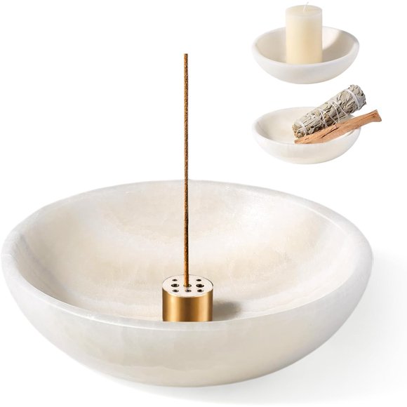 Koville Natural Marble Incense Holder, Incense Holder for Sticks with 9 Holes, Handmade Incense Burner Ash Catcher for Meditation Yoga SPA, Balsam Fir/Palo Santo/Sage/Cone Incense Holder(White)