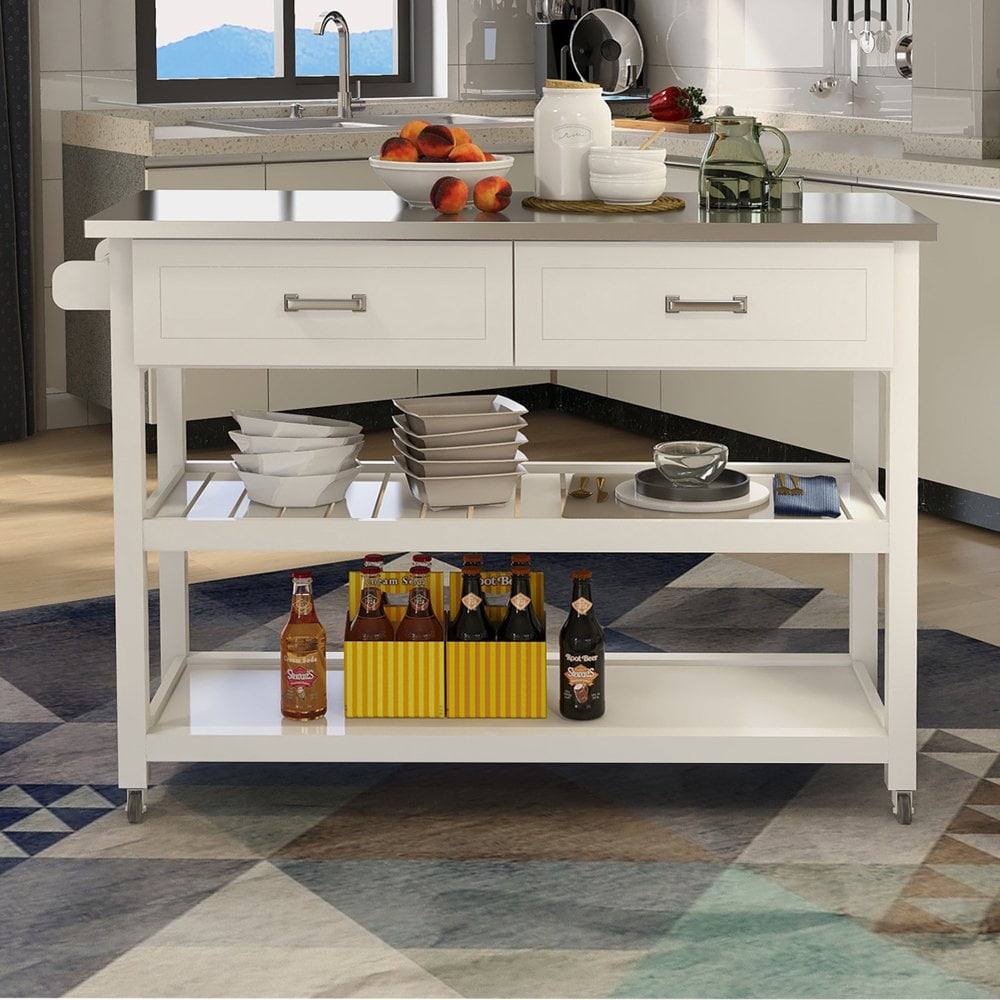 Hassch Kitchen Island with 2 Drawers Stainless Steel Table Top Storage Cabinet on Wheels, White