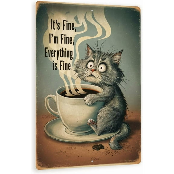 8x12 Funny Cat Coffee Sign - 'It's Fine, I'm Fine, Everything is Fine' - Vintage-Style Humorous Wall Decor