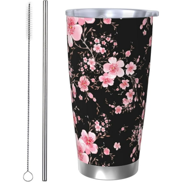 Tumbler Fleur de Cerisier 20oz en Acier Inoxydable Isolé sous Vide avec Couvercle et Paille, Tasse de Voyage pour Café, Tasse à Thé Vin, Bouteille d'Eau Cadeaux pour Femmes