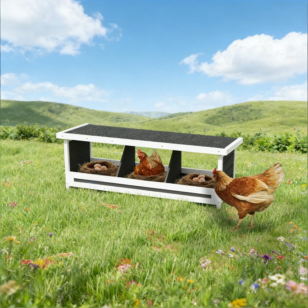 3 Compartment Fir Wood Chicken Nesting Box, Weatherproof Asphalt Roof Poultry Egg Laying House, Open Back Easy Egg Collection Raised Bottom Chicken Nest For Hens