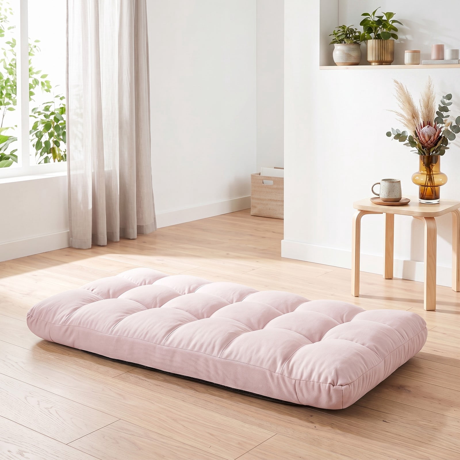 Furnibear 14-Position Adjustable Folding Floor Gaming Chair, Padded Lazy Recliner Sofa with Reclining Backrest for Living Room Bedroom Reading, Light Pink