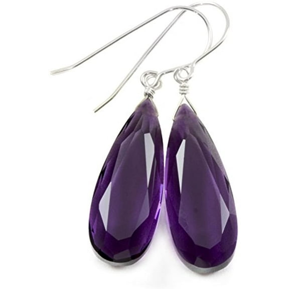 Sterling Silver Purple Simulated Amethyst Earrings Faceted Teardrops Simple Long Dangle Drops 1.7" for Adult Women