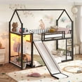 thumbnail image 3 of Bellemave Twin Over Twin Bunk Bed with Slide, LED Light, Power Outlet, Clothing Hanging Area, Metal Floor House Loft Bed Frame with Fabric Storage Shelf and Play Area for Kids Girls boys（Pink), 3 of 9