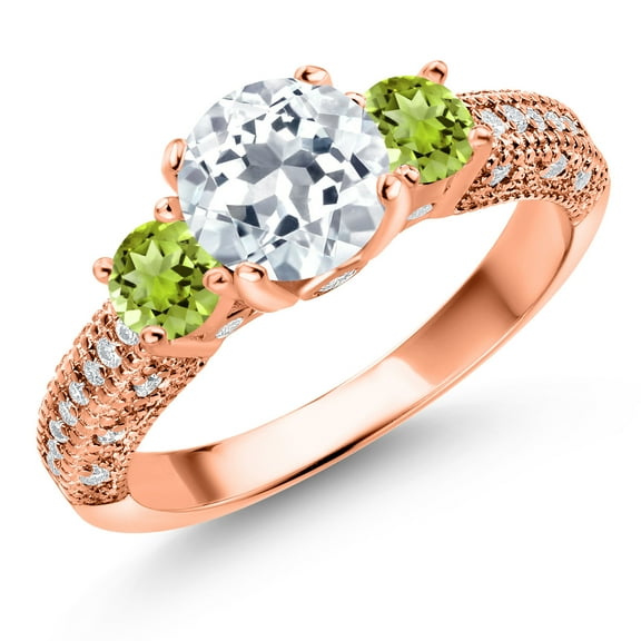 Gem Stone King 18K Rose Gold Plated Silver White Topaz Green Peridot and White Moissanite Engagement Ring for Women (2.33 Cttw, Gemstone November Birthstone, Round 7MM and 4MM, Size 6)