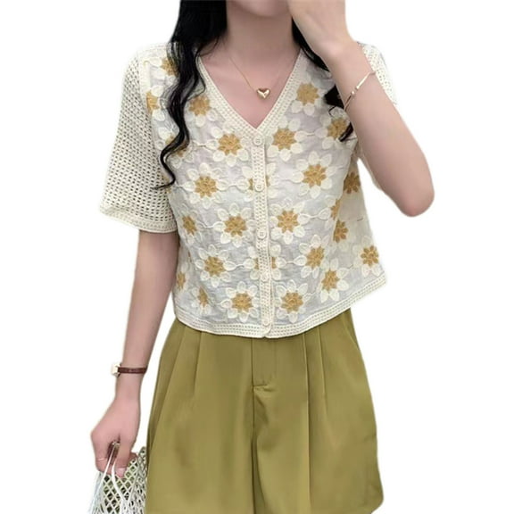 Yokua Knit Cardigan Top for Women French Style V-Neck Short Sleeve Crochet Floral Coat