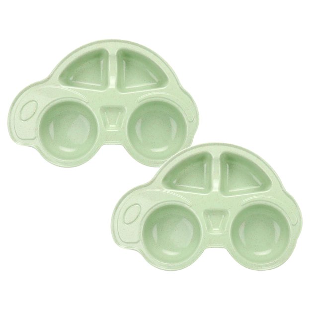 Oleegame 2PC Stainless Steel Cutlery Set Cartoon Car Shape Plate Environmentally Separated Kids Dinnerware Tableware Tray Green