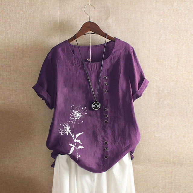 Babysbule Hauts pour Femmes en Liquidation Mode Été Ample Imprimé Col Rond T-Shirt Manches Courtes Blouse Décontractée