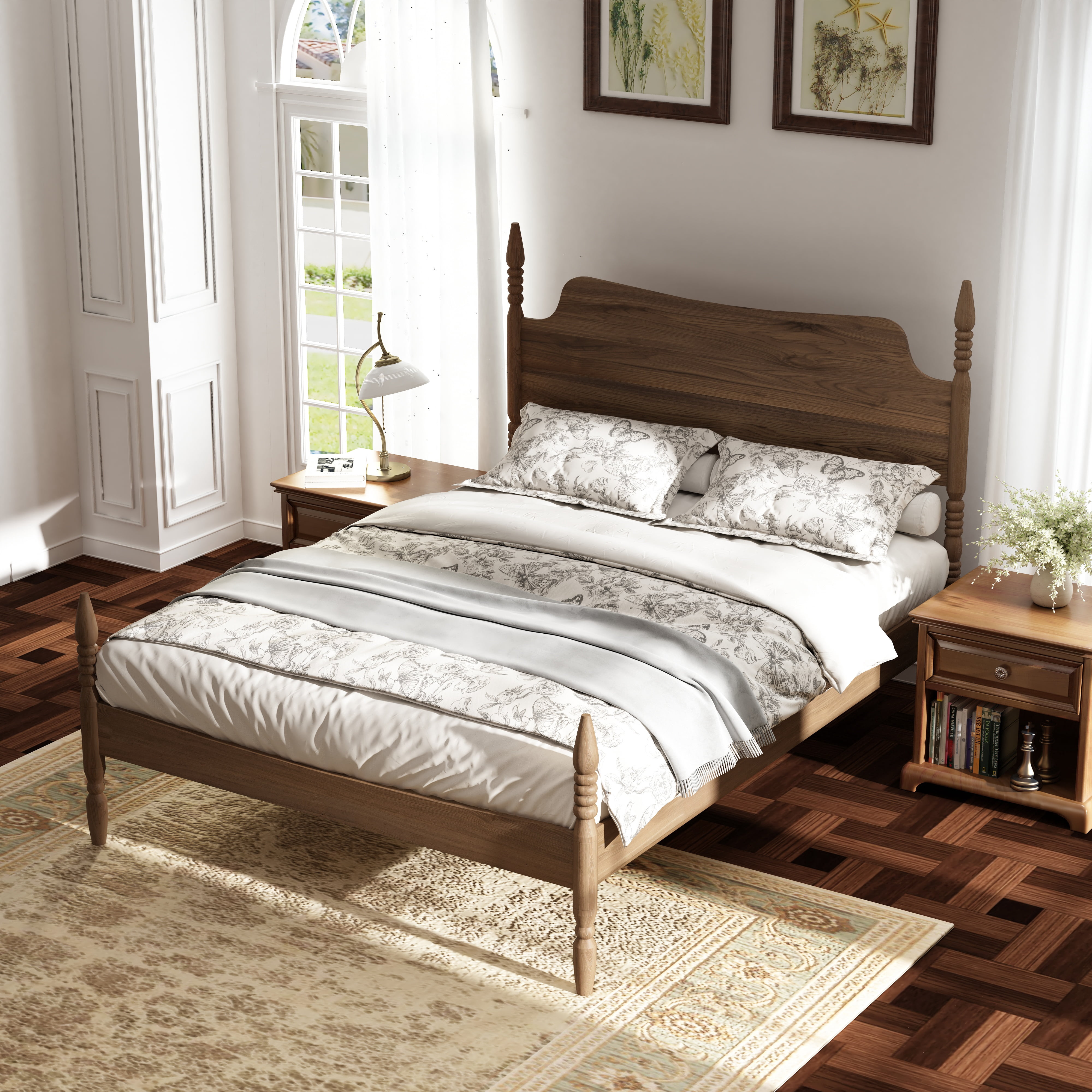 Mintazer Retro Queen Size Spindle Bed, Solid Platform Bed Frame with Curved Tall Headboard, No Box Spring Needed, Walnut