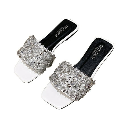

Dpityserensio Women s Fashion Shiny Sequins Sandals Summer Flat Heel Slippers Casual Shoes White 7.5(40)