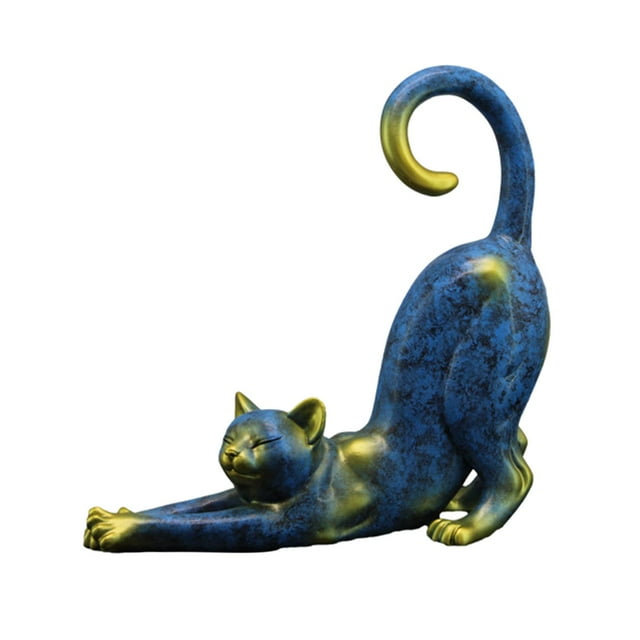 Figuras de gato estiradas, estatua de gato, adornos decorativos, adorno de arte abstracto Azul