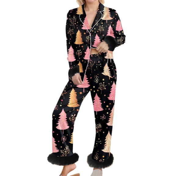 Womens Christmas Pajama Sets Trim Long Sleeve Christmas Theme Printed Shirts Pants Cozy Sleepwear Set Womens Pjs Sets Black L