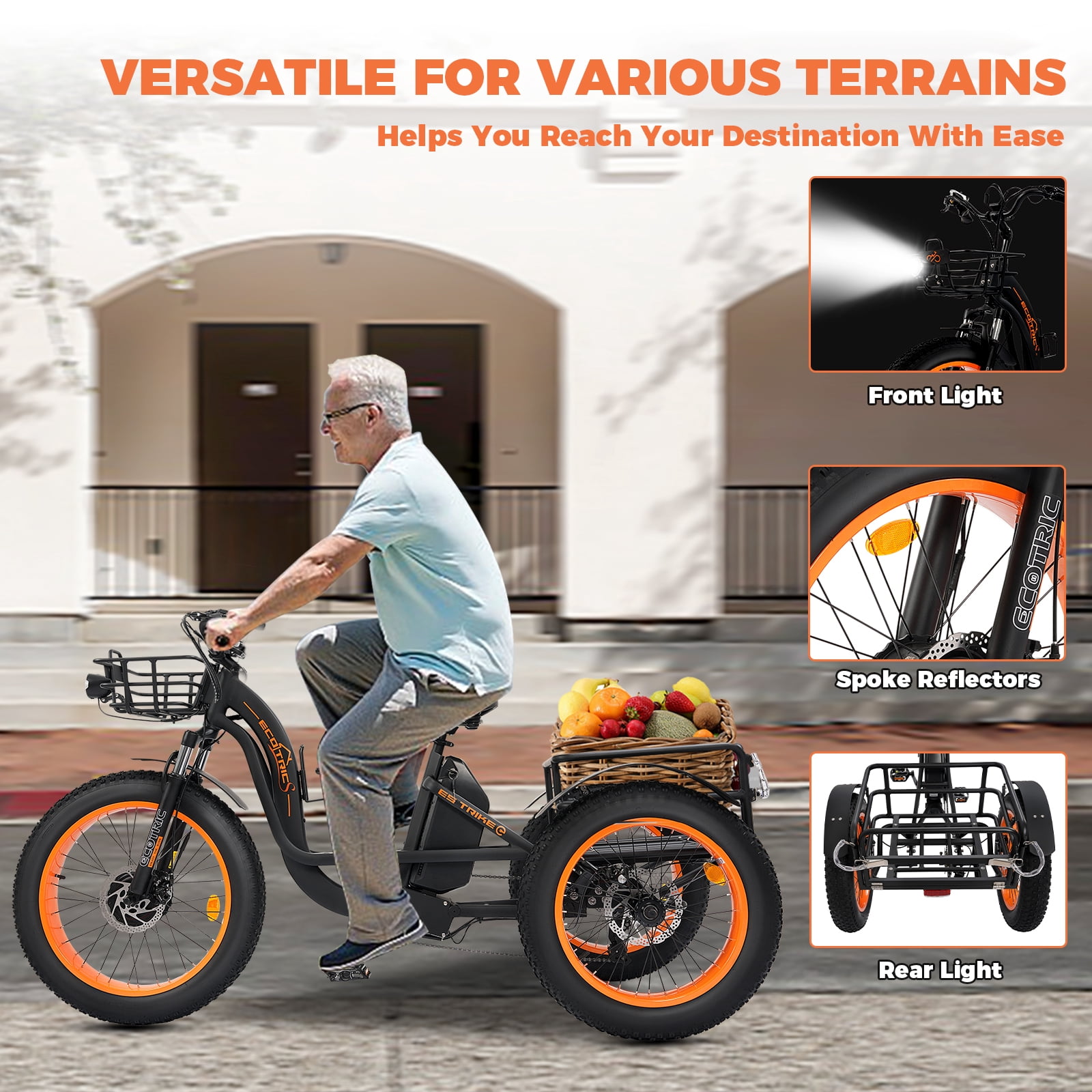 Ecotric 48 V Electric 24" Tricycle with Front and Rear Carrying Basket
