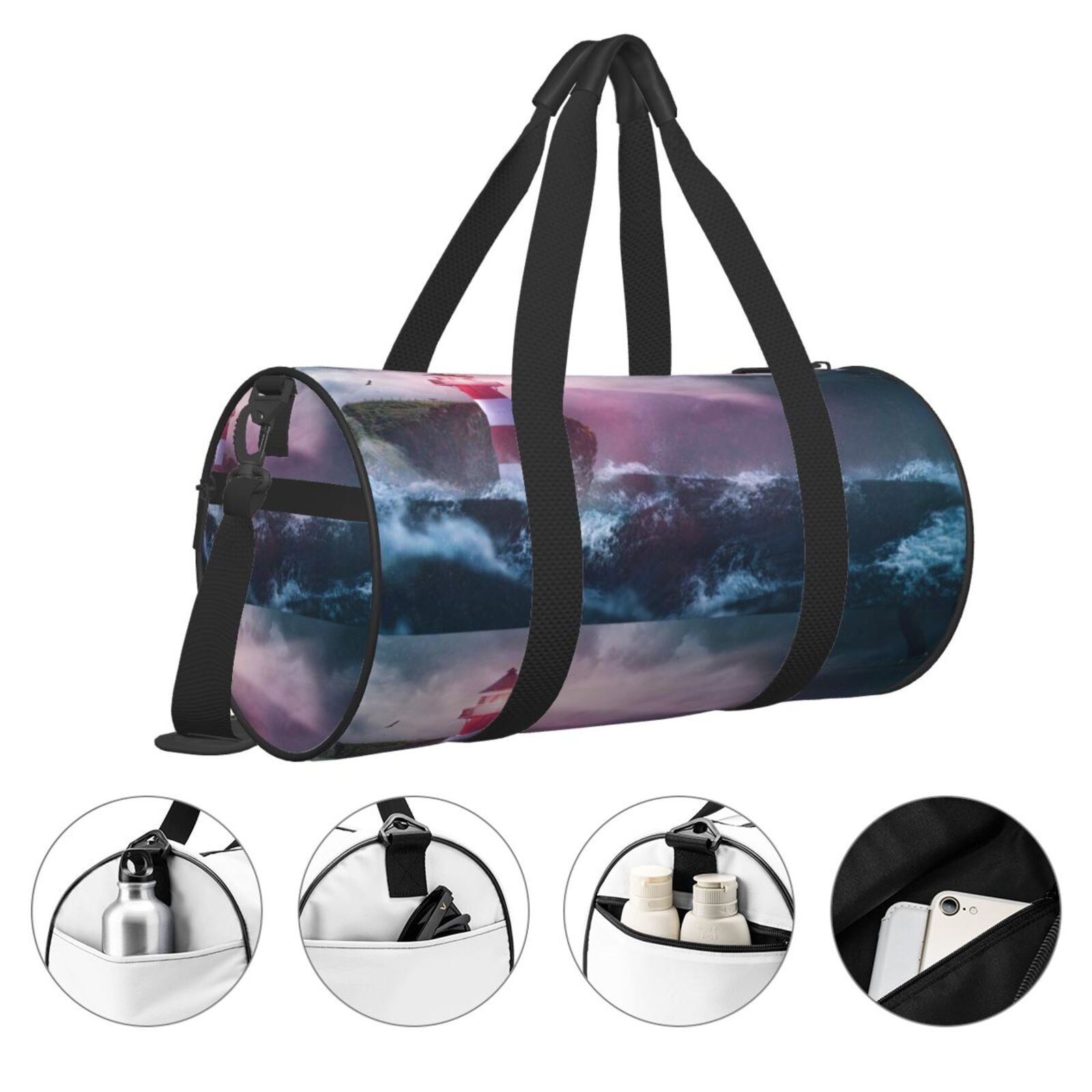 Vsdgher lighthouse Waves Torrential Rain 45L Foldable Duffel Bag, Sports Gym Bag,Overnight Bag, Portable Weekender Bag for Airplanes