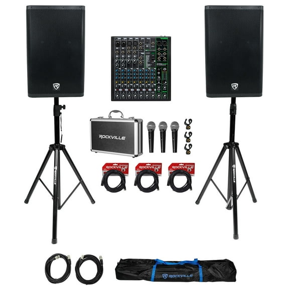 (2) Rockville DX15 15" 2000w Powered Active DJ PA Speakers Mackie Mixer (3) Mics