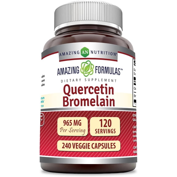 Amazing Formulas Quercetin Bromelain 965mg Per Serving 240 Veggie Capsules Supplement | 800mg Quercetin & 165mg Bromelain | Non-GMO | Gluten Free | Suitable for Vegetarians