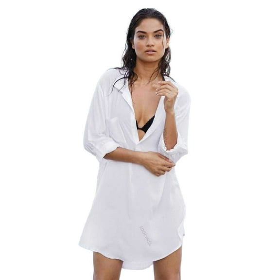 EDOLYNSA Sexy See-through V Neck Swimsuit Cover-ups Chiffon White Ladies Shirt Mini Dress Women Beachwear Long Sleeve Blouse Outfit