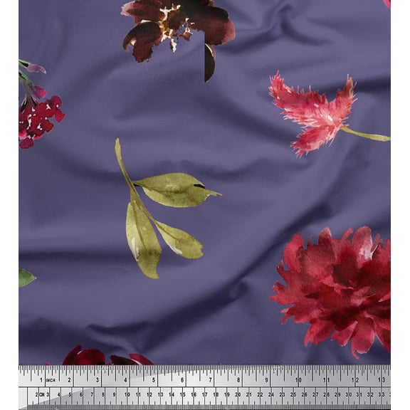 Soimoi Purple Cotton Duck Fabric Leaves & Peony Floral Printed Fabric 1 Yard 42 Inch Wide