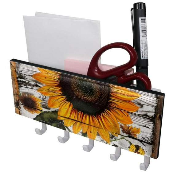 PhooArto Key Holder for Wall Decorative with 5 Key Hooks, Sunflower in Wood Board Holders Wall Mount Organizer with Mail Key Rack, Self Adhesive