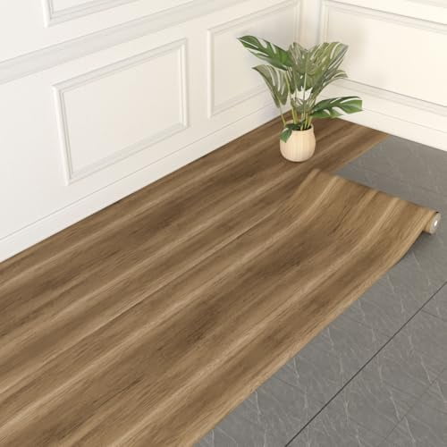 Self Adhesive Vinyl Flooring Roll 23.6"x 196"/32 Sq.Ft Wood Grain Peel Stick Floor Tiles, Wear-Resistant and Waterproof Vinyl Plank Flooring for Bedroom Living Room Office Balcony Walnut